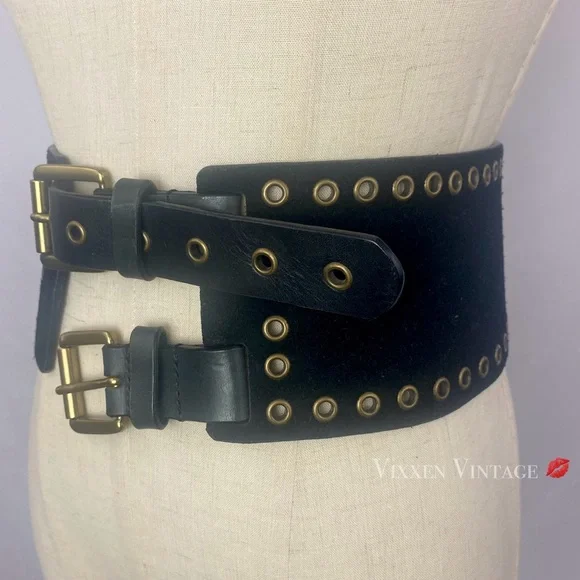 VINTAGE 1980’S WIDE DOUBLE BUCKLE SUEDE GROMMET CORSET BELT IN BLACK - Picture 3 of 8